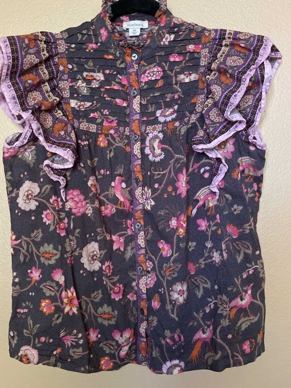 Sundance Black Floral Ruffle-Sleeve Button Front Blouse